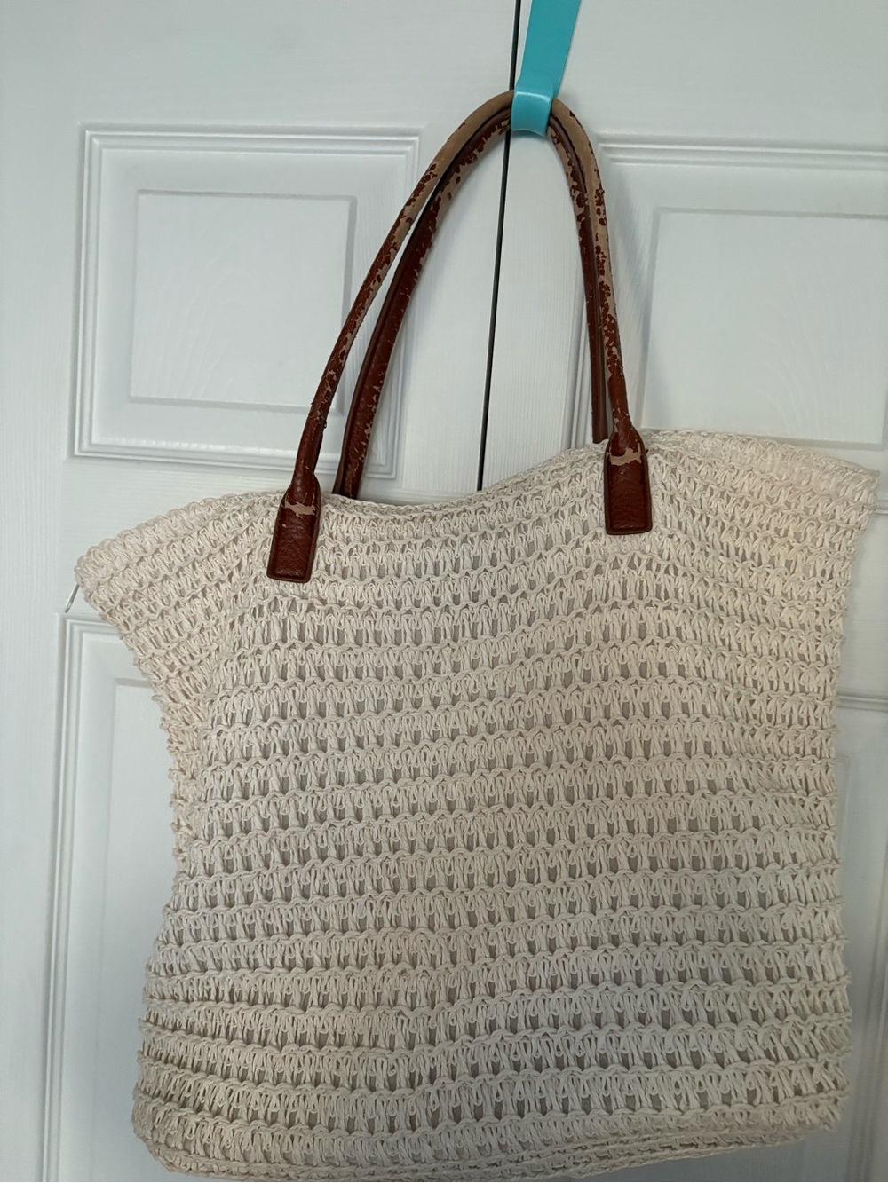 H&M Cream Woven Tote with Brown Handles